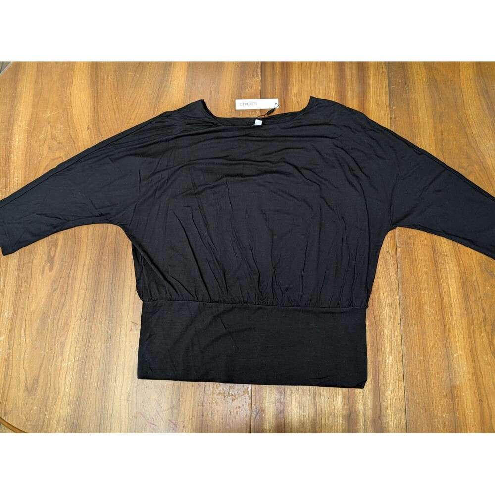 Chico's Touch of Cool Banded Bottom Top Size 2 L Fashion Black 3/4 Sleeve NWT